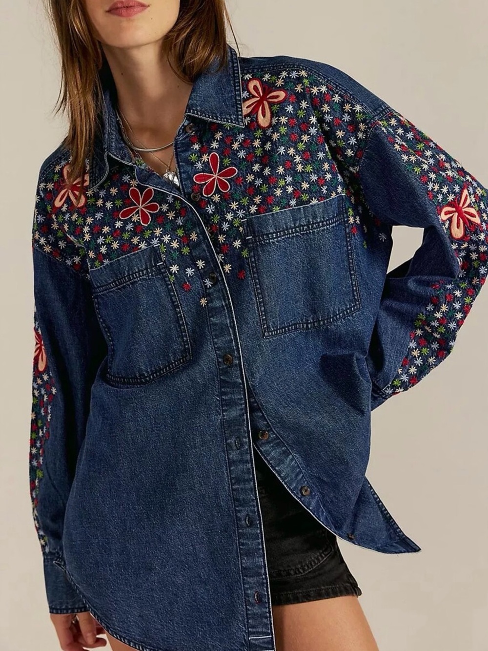 Free People We The Free Rainbow Embroidered Denim Shirt NWT Size Small